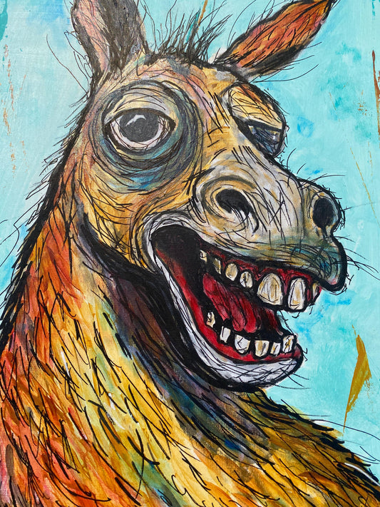Primer plano del rostro del burro mostrando dientes y expresión entre risa y grito. Técnica mixta acrílico + POSCA.