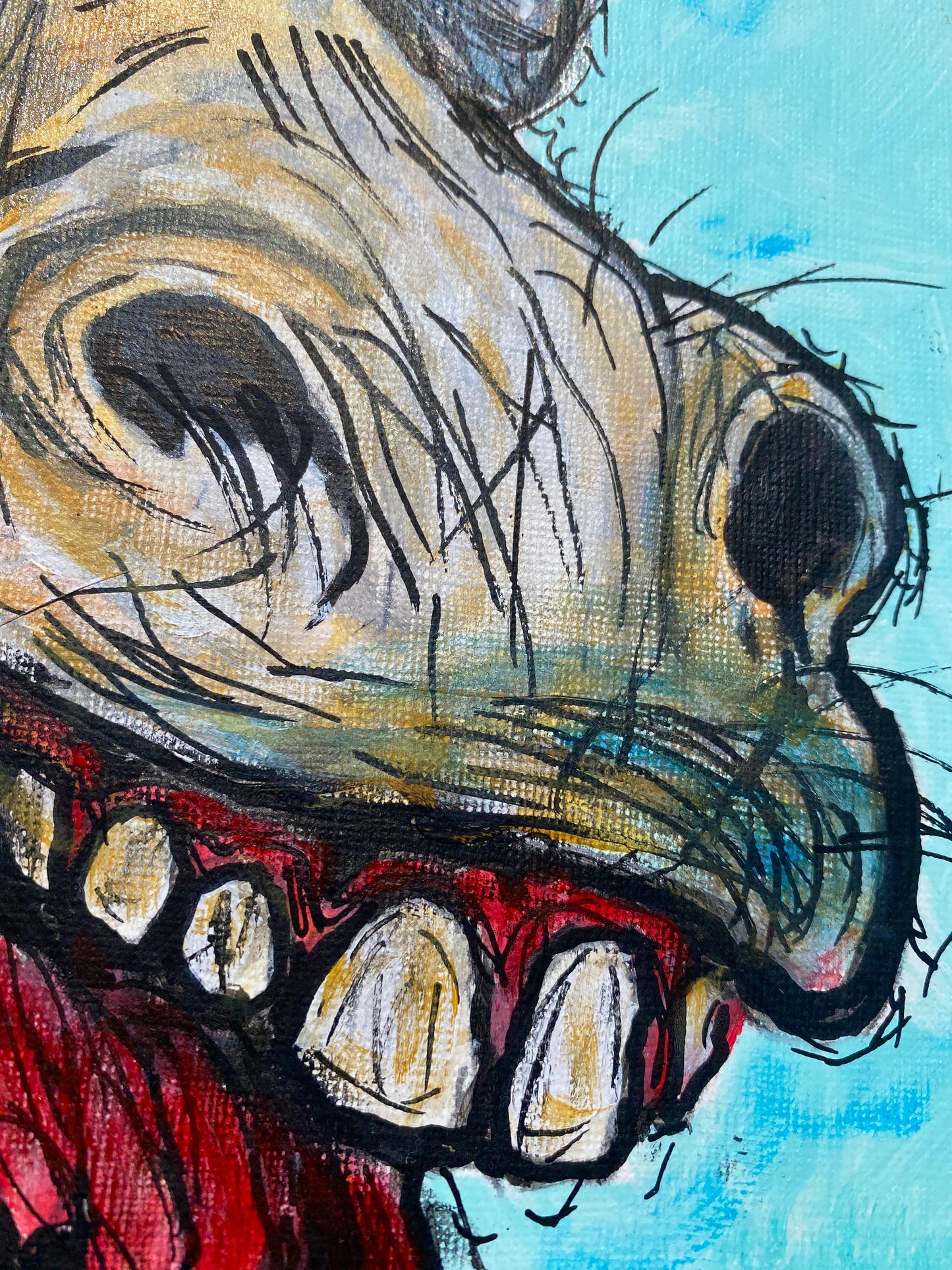 Detalle de la boca abierta y dientes del burro. Contraste de rojo, blanco y negro. Emoción intensa.