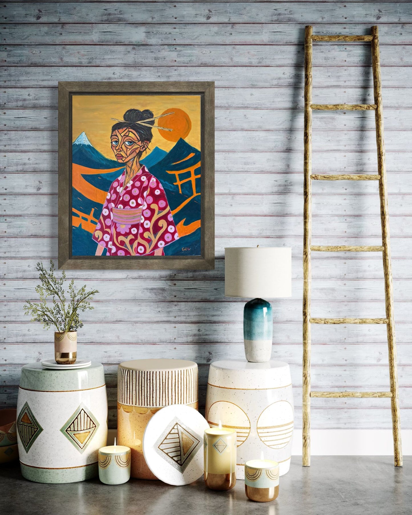 Ritratto espressionista figurativo ODORE di Ricardo CID シド. Volto geometrico con misticismo orientale, Monte Fuji e dettagli in olio d'oro