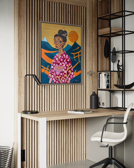 Retrato expresionista figurativo ODORE de CID シド. Rostro geométrico con misticismo oriental, Monte Fuji y detalles en óleo oro