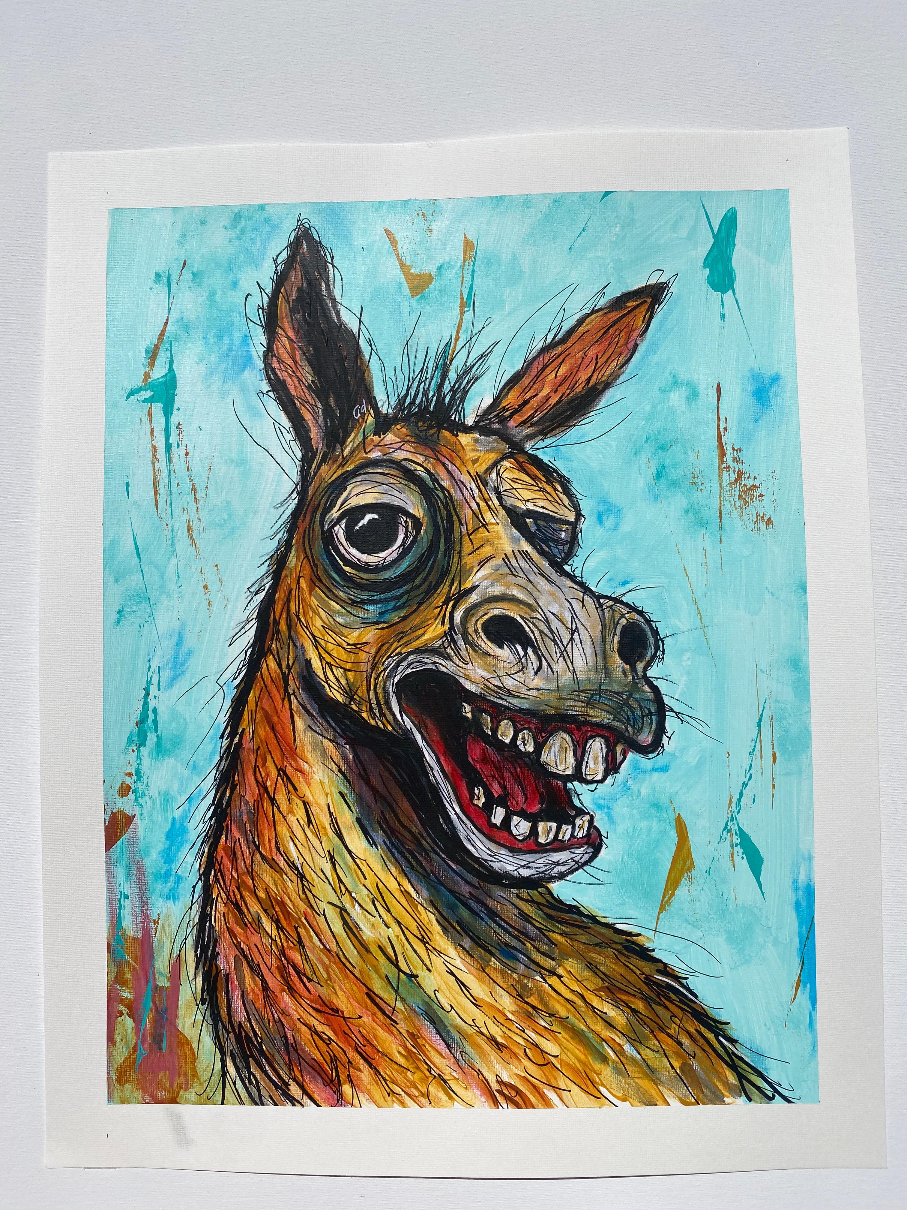 Obra original de burro expresivo pintada a mano con acrílico y marcador POSCA sobre papel artístico de 400g/m². Vista completa.