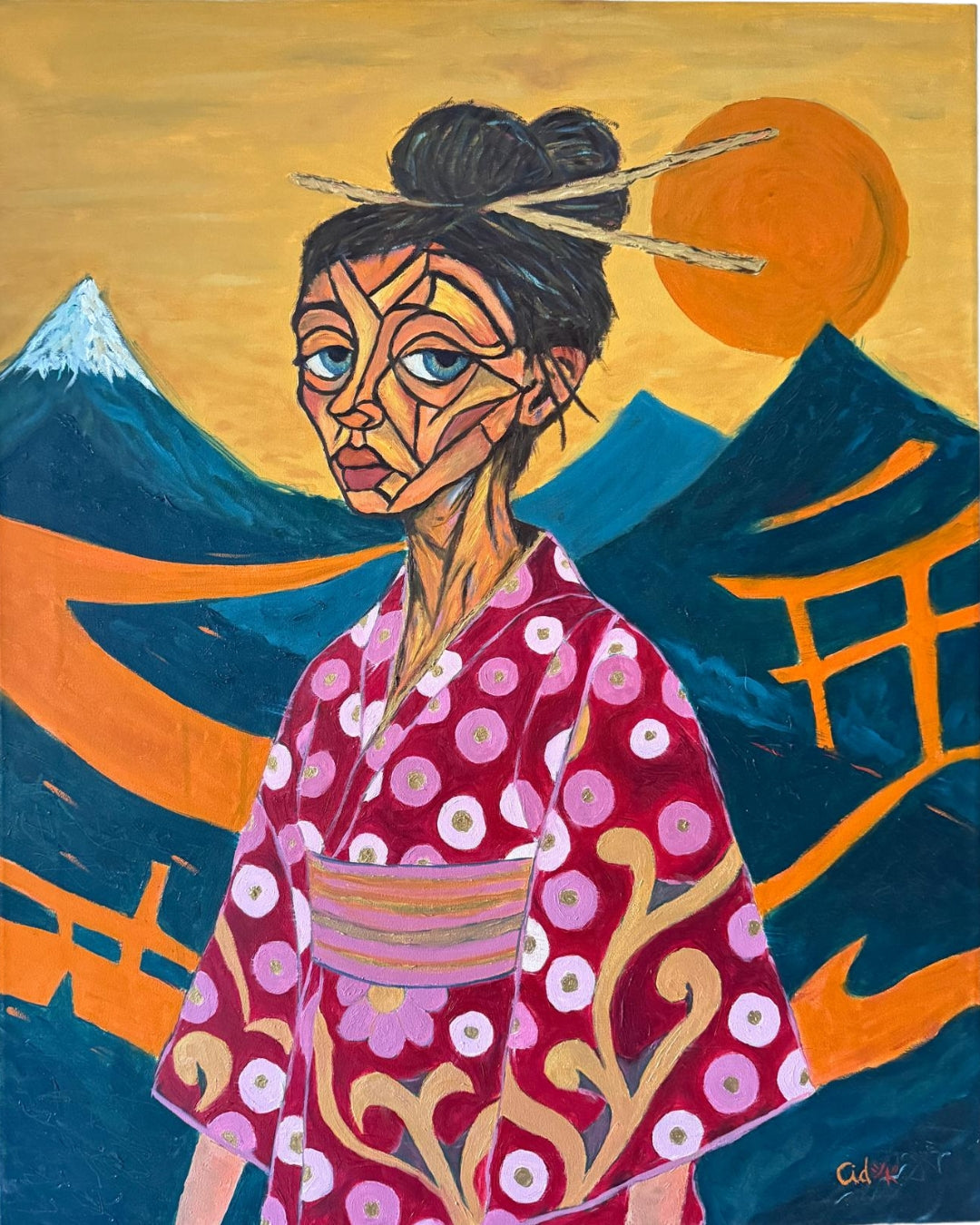 ODORE figurative expressionist portrait by CID シド. Geometric face with Eastern mysticism, Mount Fuji, and gold oil details.