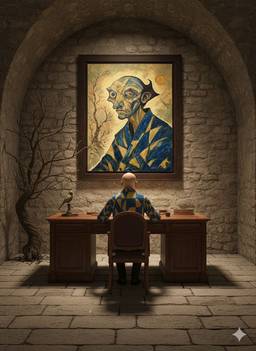 Retrato expresionista Aurelian por CID シド, pintura original técnica mixta con óleo y relieve, 81x100 cm.