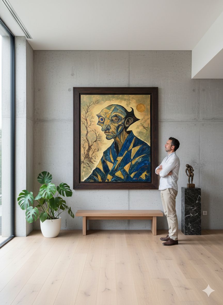 Retrato expresionista Aurelian por CID シド, pintura original técnica mixta con óleo y relieve, 81x100 cm.