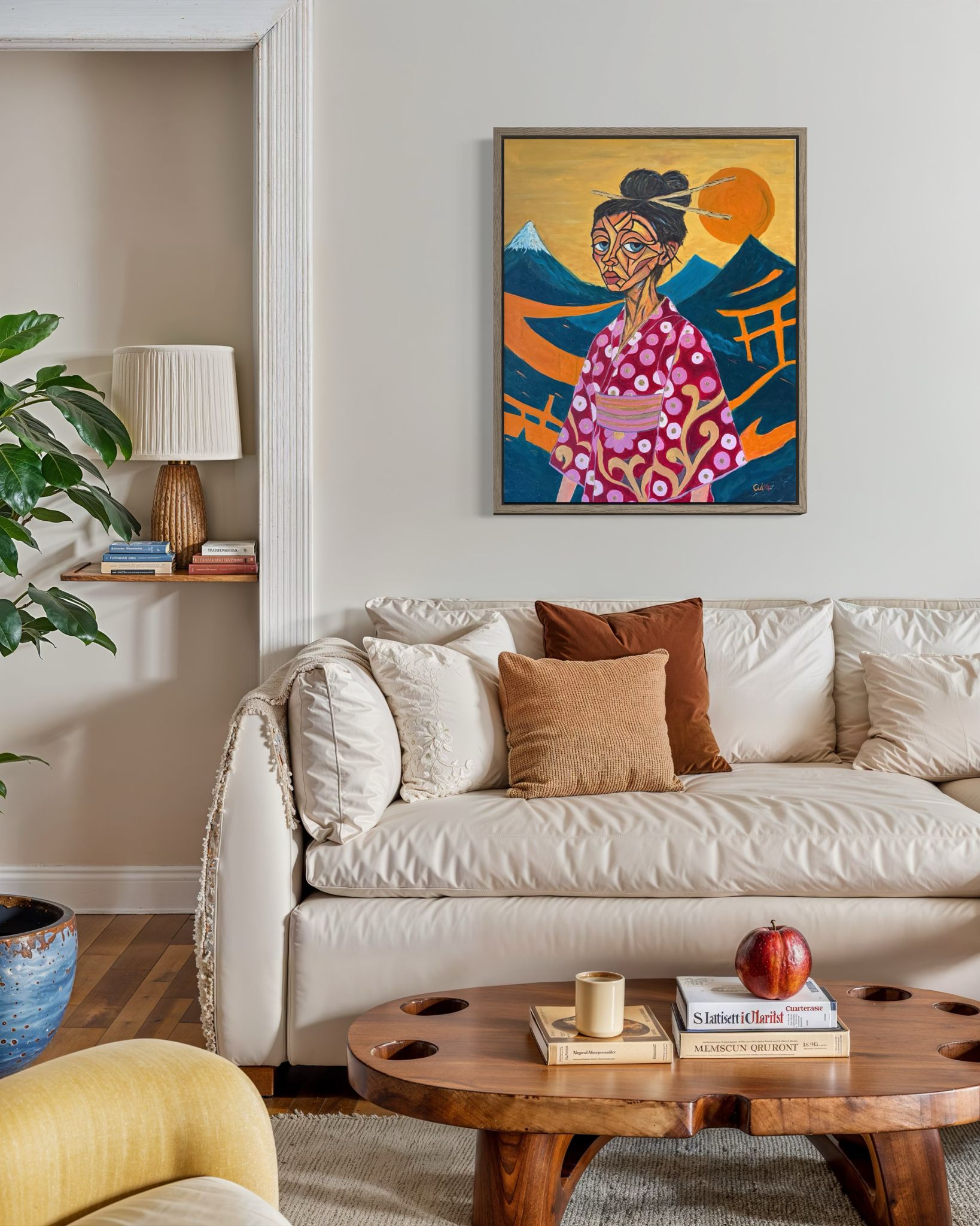 Expressionistisches figuratives Porträt ODORE von Ricardo CID シド. Geometrisches Gesicht mit östlicher Mystik, Berg Fuji und Goldöl-Details.