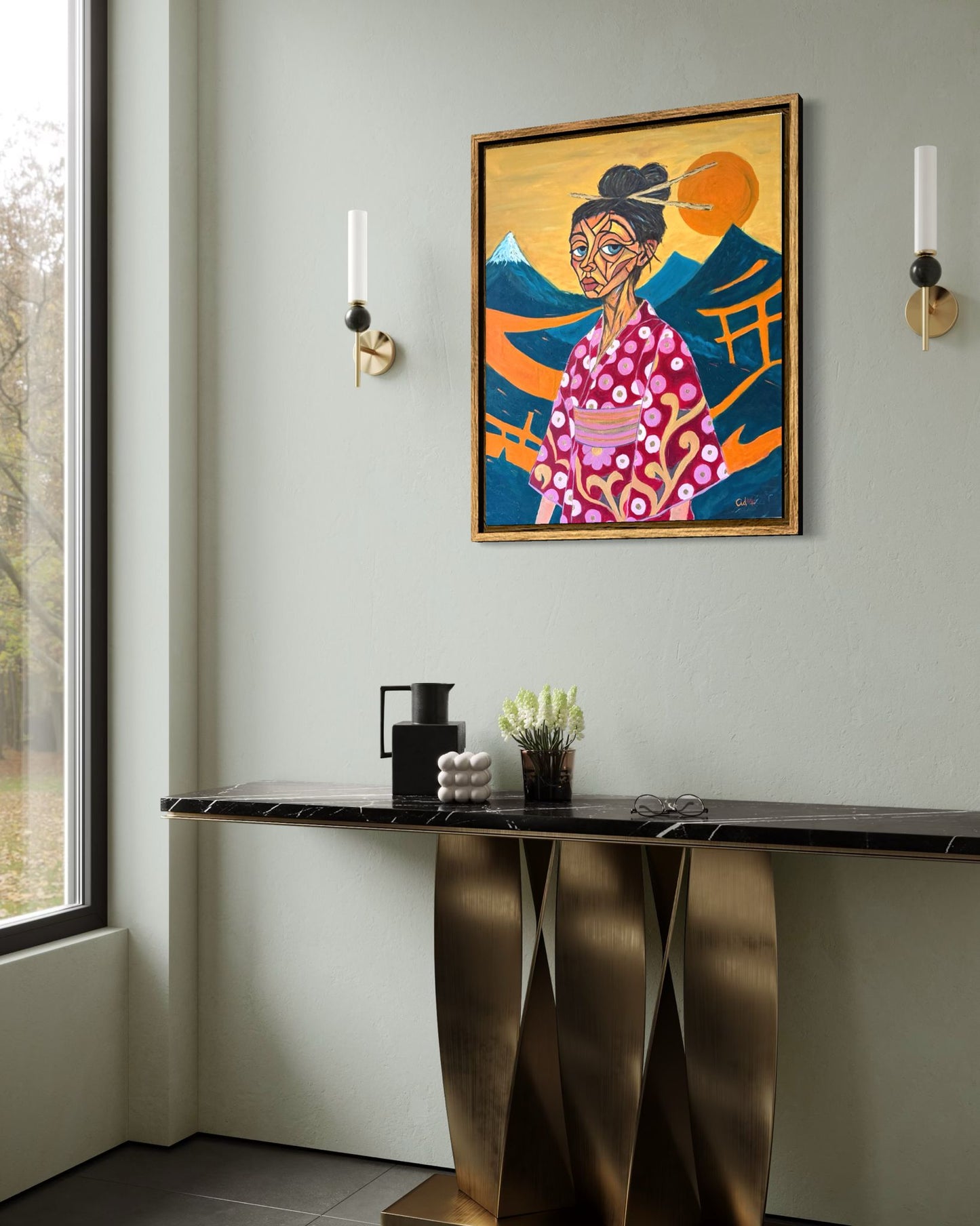 Portrait expressionniste figuratif ODORE par Ricardo CID シド. Visage géométrique avec mysticisme oriental, Mont Fuji et détails à l'huile d'or.