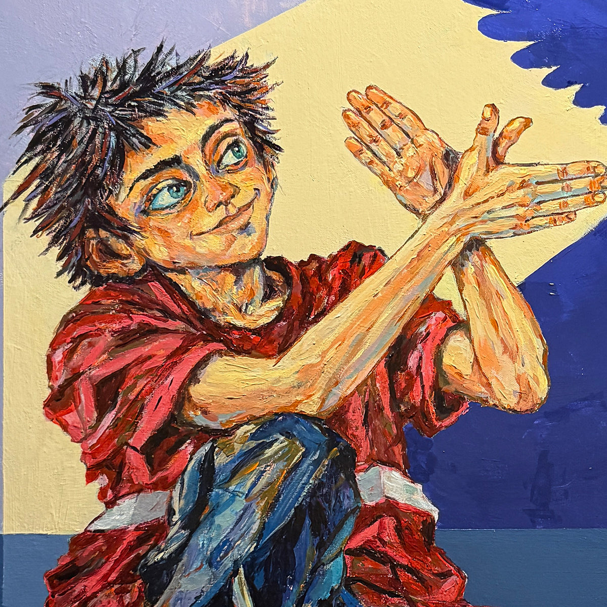 スペインの現代美術家リカルド・CID シドによる絵画作品《ABRACADABRA》（2026年）。80×80cmのアクリル画。青い鳥の影絵と表情豊かな人物を描いたSHIDO シド様式の原画。
