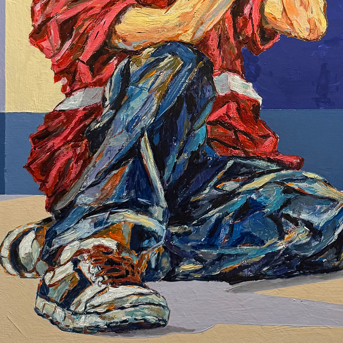 ABRACADABRA von Ricardo CID シド, spanischer zeitgenössischer Künstler. Originalgemälde in Acryl auf Leinwand, 80 × 80 cm, mit ausdrucksstarker Figur und blauem Vogel als Schattenspiel.