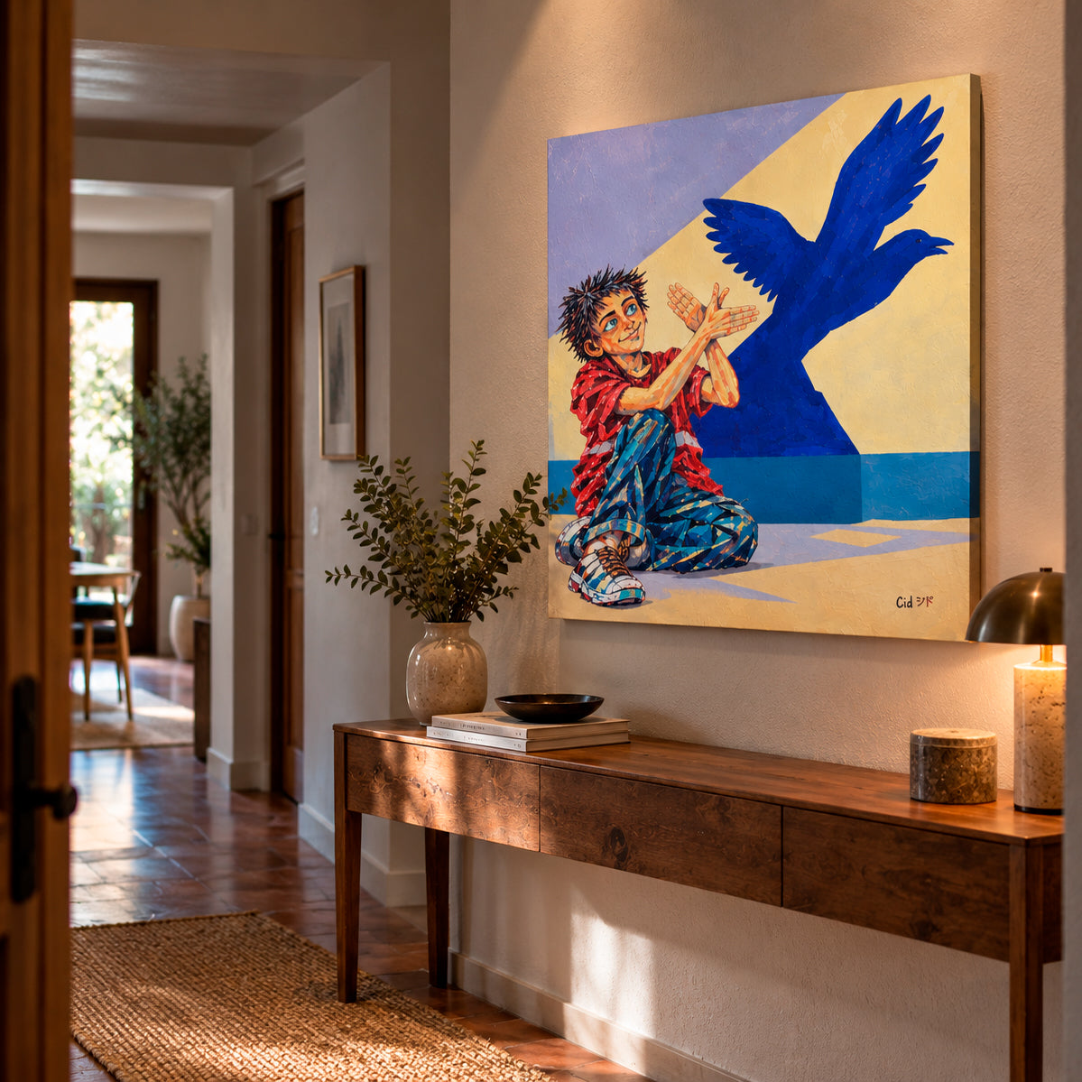 ABRACADABRA de Ricardo CID シド, artiste contemporain espagnol. Peinture originale acrylique sur toile de 80 × 80 cm, représentant un personnage expressif et des ombres chinoises.