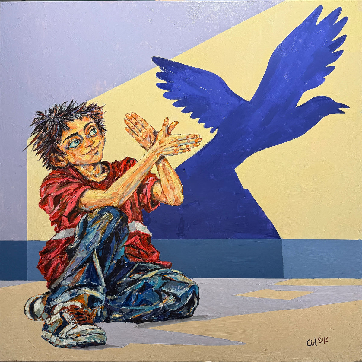 ABRACADABRA (2026), original figurative neo-expressionist acrylic painting, 80 × 80 cm, by Madrid-based Spanish contemporary artist Ricardo CID シド, creator of SHIDO.