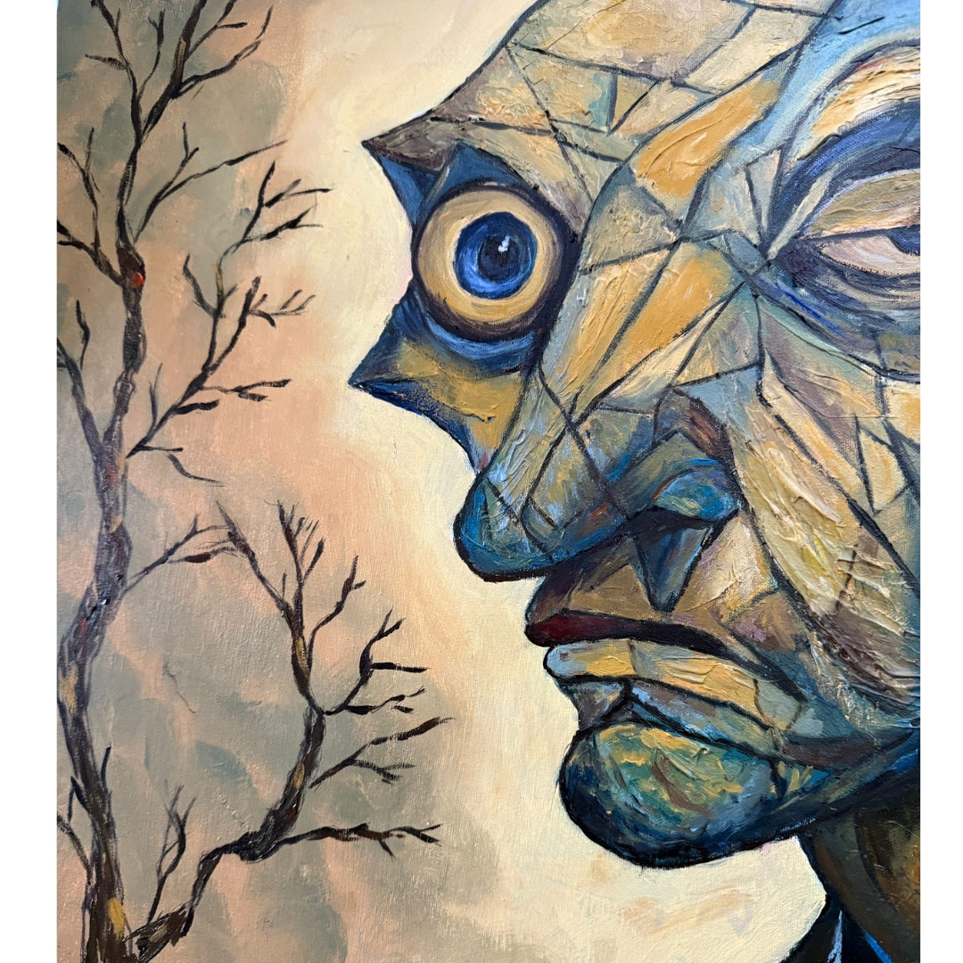 Retrato expresionista Aurelian por CID シド, pintura original técnica mixta con óleo y relieve, 81x100 cm.