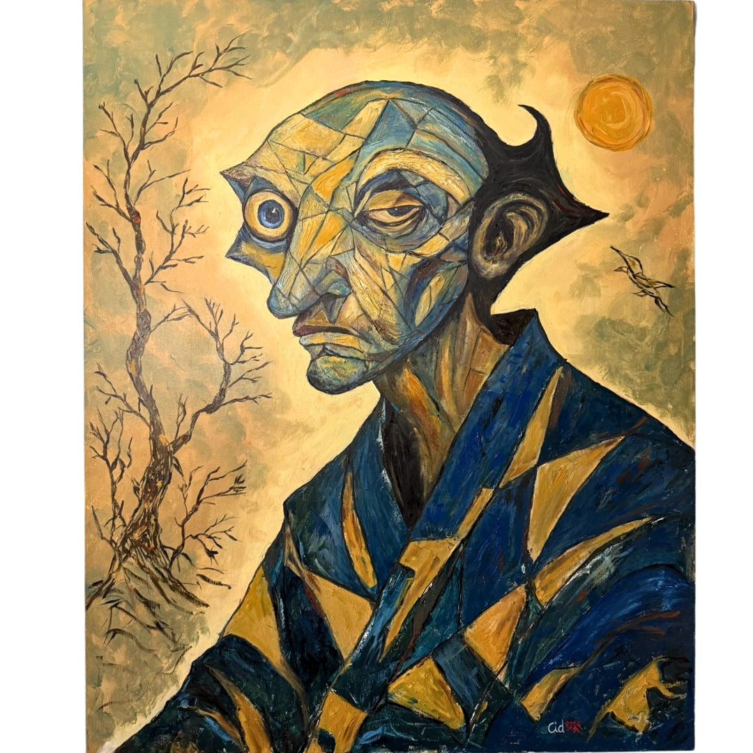 Retrato expresionista Aurelian por CID シド, pintura original técnica mixta con óleo y relieve, 81x100 cm.