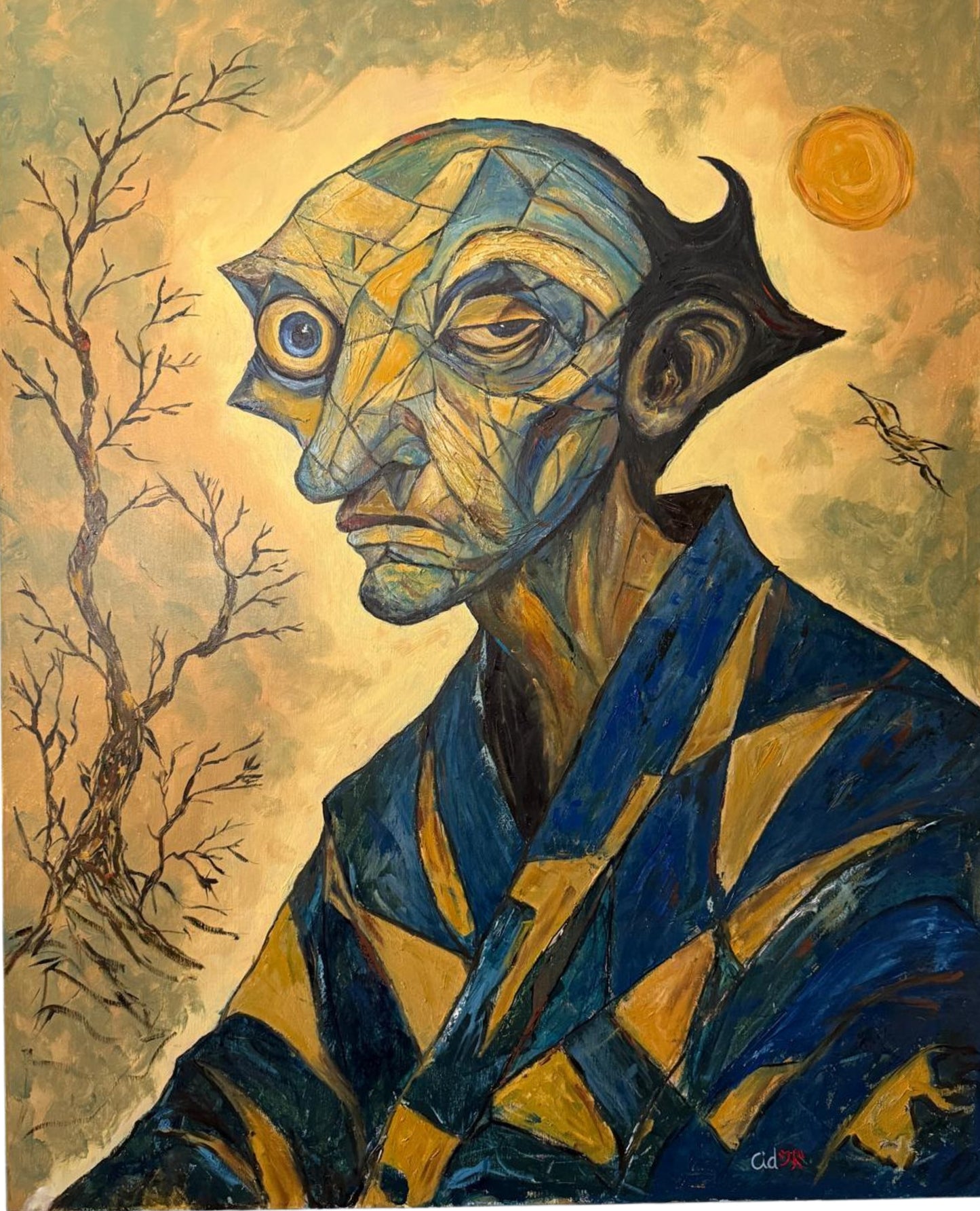 Aurelian expressionist portrait by CID シド, original mixed media painting with oil and relief texture, 81x100 cm.