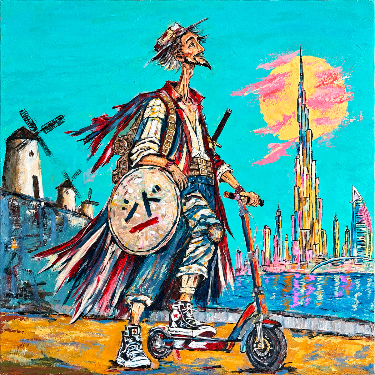 QUIXOTE INVICTUS by Ricardo CID シド, original 80 × 80 cm acrylic painting depicting Don Quixote on an electric scooter between La Mancha windmills and a futuristic city.