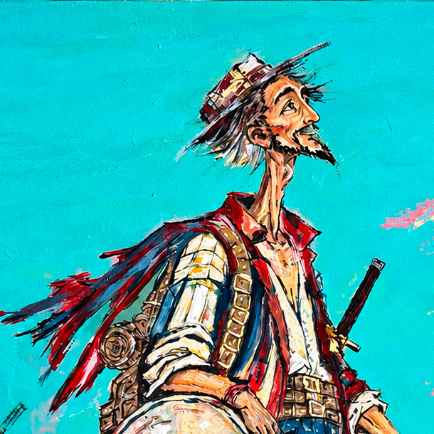 Close-up of expressive acrylic brushstrokes and geometric details in QUIXOTE INVICTUS, an original contemporary painting by Ricardo CID シド.