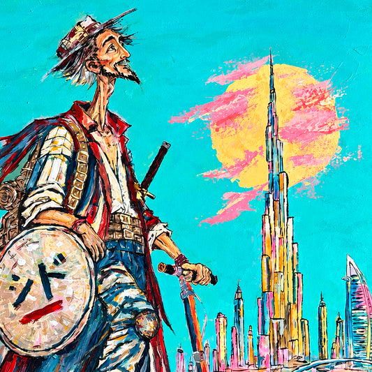 Detail of Don Quixote with shield and sword riding an electric scooter in QUIXOTE INVICTUS, original neo-expressionist painting by Ricardo CID シド.